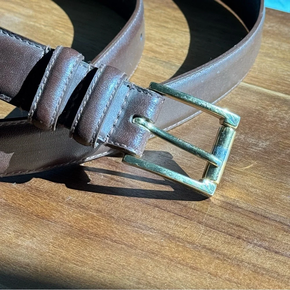 Men’s Genuine Leather Brown Belt Size 44 46 Classic Brass Tone Buckle